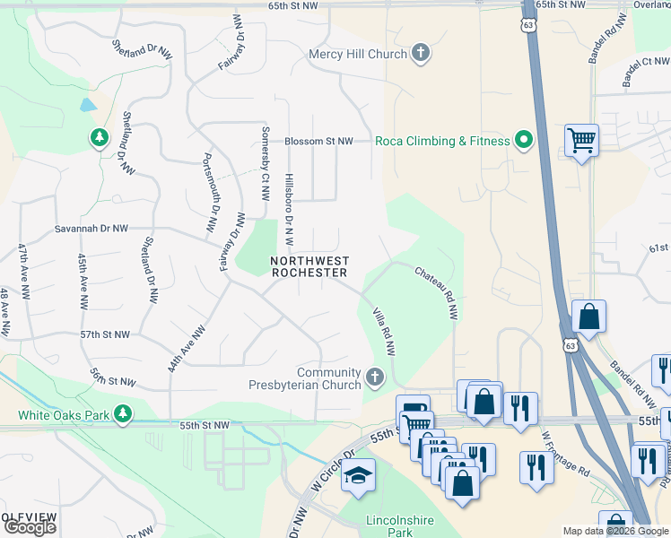 map of restaurants, bars, coffee shops, grocery stores, and more near 3911 Villa Road Northwest in Rochester