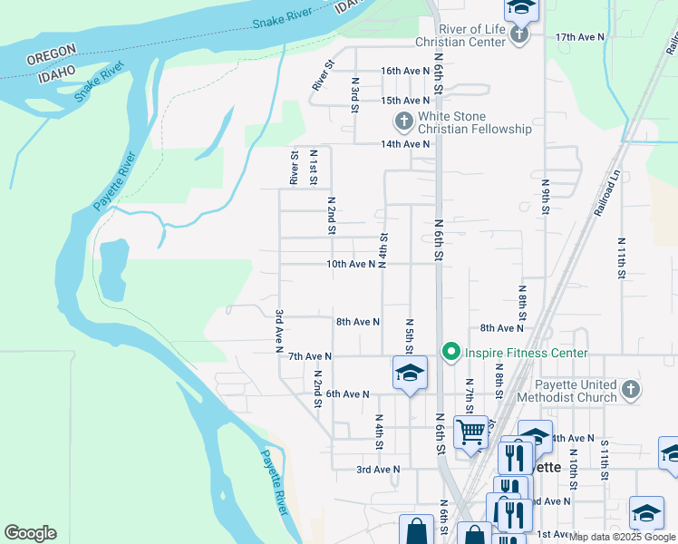 map of restaurants, bars, coffee shops, grocery stores, and more near 222 10th Avenue North in Payette