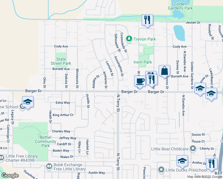 map of restaurants, bars, coffee shops, grocery stores, and more near 2004 Lemuria Street in Eugene