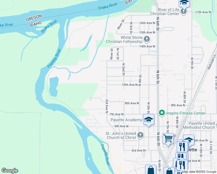 map of restaurants, bars, coffee shops, grocery stores, and more near 10 10th Avenue North in Payette