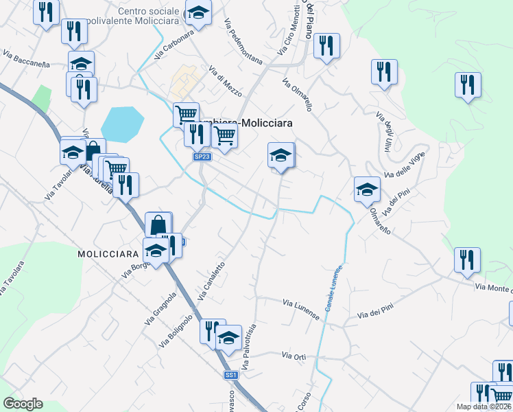 map of restaurants, bars, coffee shops, grocery stores, and more near 66 Via Canaletto in Colombiera-molicciara