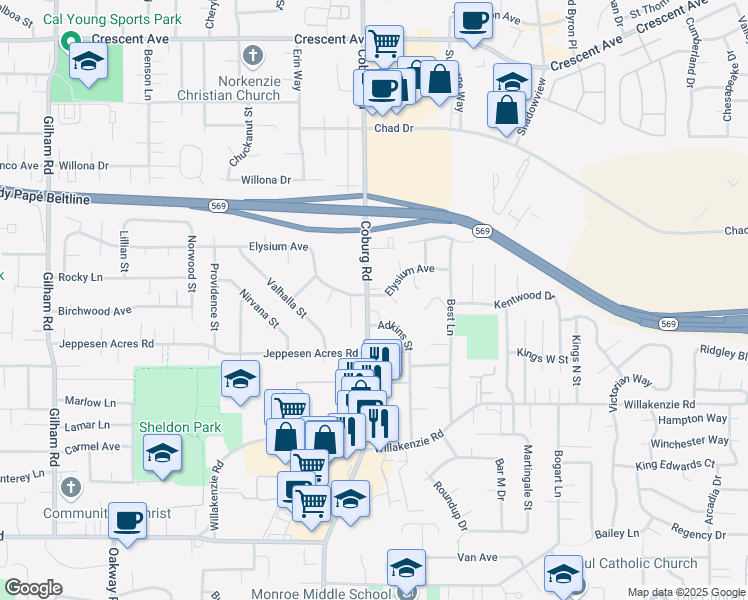 map of restaurants, bars, coffee shops, grocery stores, and more near 2802 Elysium Avenue in Eugene