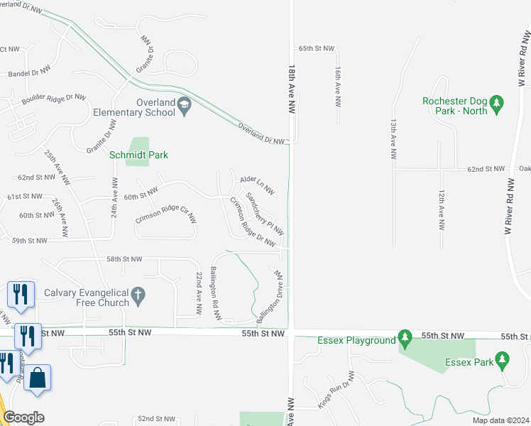 map of restaurants, bars, coffee shops, grocery stores, and more near 1901 Sandcherry Court Northwest in Rochester