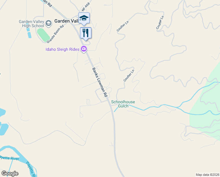 map of restaurants, bars, coffee shops, grocery stores, and more near 1126 Banks Lowman Road in Garden Valley