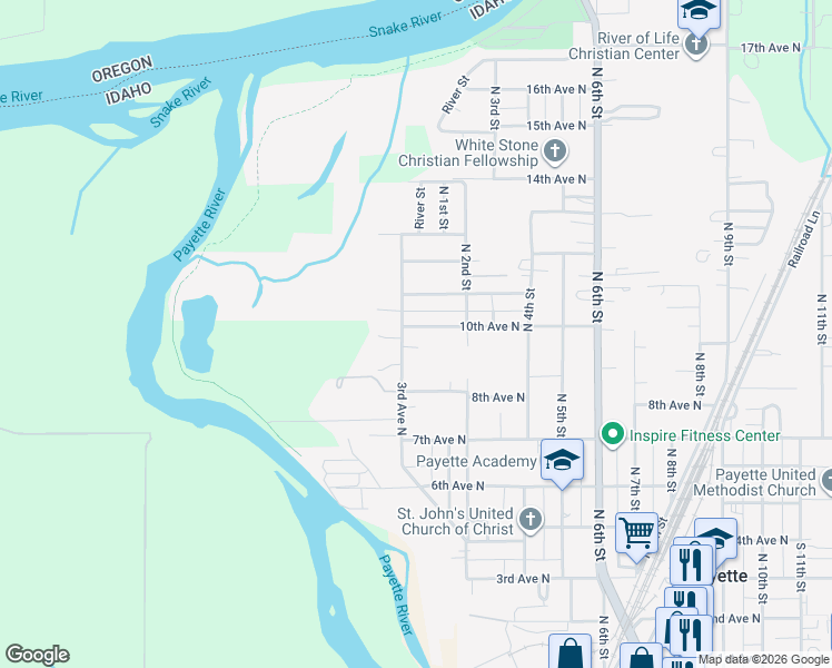 map of restaurants, bars, coffee shops, grocery stores, and more near 10 10th Avenue North in Payette