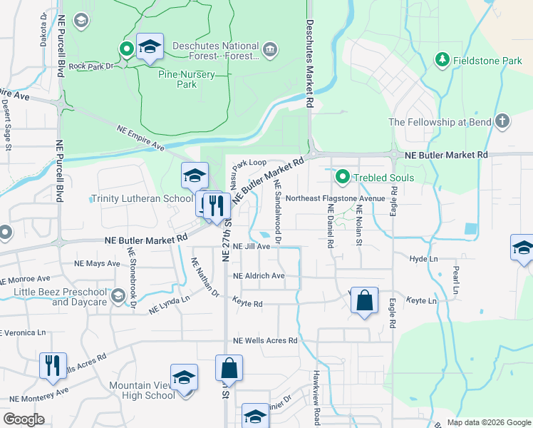 map of restaurants, bars, coffee shops, grocery stores, and more near 3384 Northeast Marys Grace Lane in Bend