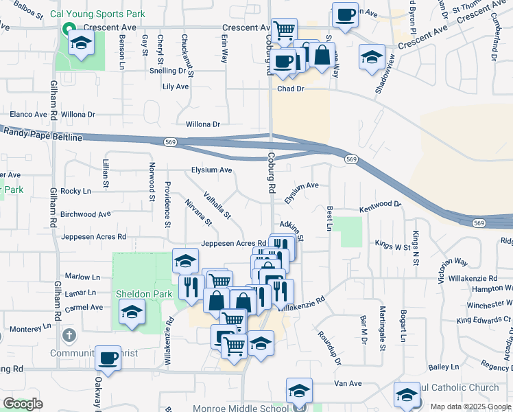 map of restaurants, bars, coffee shops, grocery stores, and more near 2770 Elysium Avenue in Eugene
