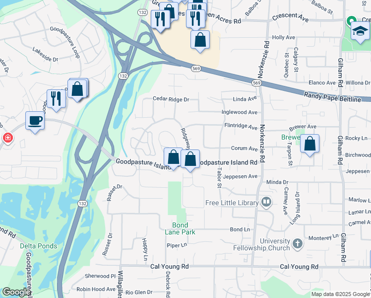 map of restaurants, bars, coffee shops, grocery stores, and more near 1990 Ridgeway Drive in Eugene