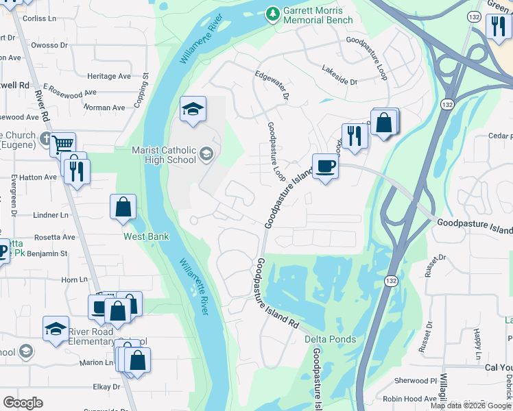 map of restaurants, bars, coffee shops, grocery stores, and more near 1861 Kingsley Road in Eugene