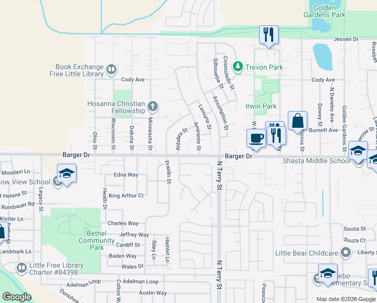 map of restaurants, bars, coffee shops, grocery stores, and more near 2018 Amirante Street in Eugene