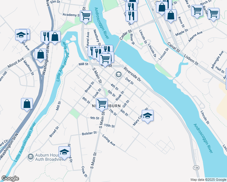 map of restaurants, bars, coffee shops, grocery stores, and more near 92 5th Street in Auburn