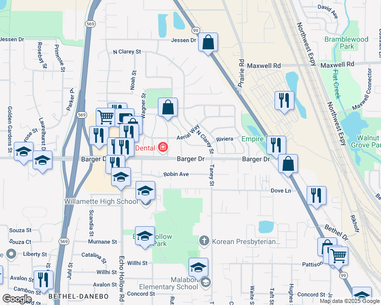 map of restaurants, bars, coffee shops, grocery stores, and more near 3726 North Clarey Street in Eugene