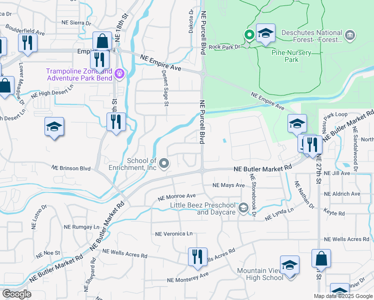 map of restaurants, bars, coffee shops, grocery stores, and more near 1986 Northeast Purser Lane in Bend