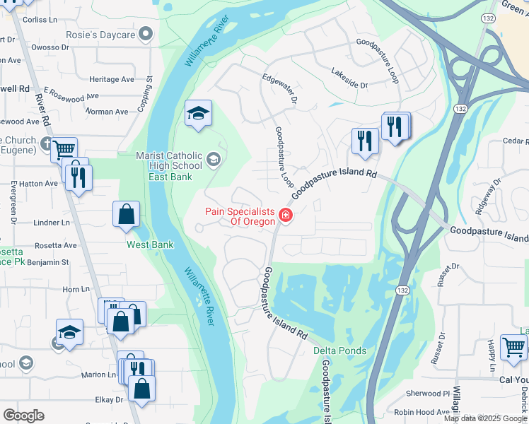 map of restaurants, bars, coffee shops, grocery stores, and more near 1861 Kingsley Road in Eugene