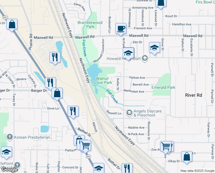 map of restaurants, bars, coffee shops, grocery stores, and more near 1019 Hatton Avenue in Eugene