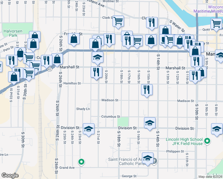map of restaurants, bars, coffee shops, grocery stores, and more near 1214 South 19th Street in Manitowoc