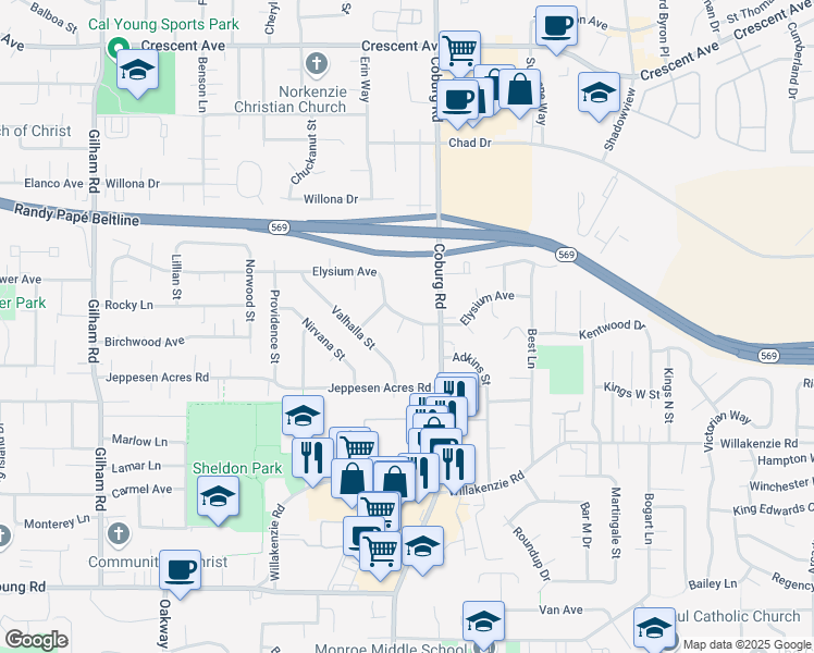 map of restaurants, bars, coffee shops, grocery stores, and more near 2770 Elysium Avenue in Eugene