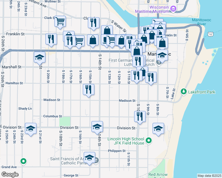 map of restaurants, bars, coffee shops, grocery stores, and more near 1211 South 13th Street in Manitowoc