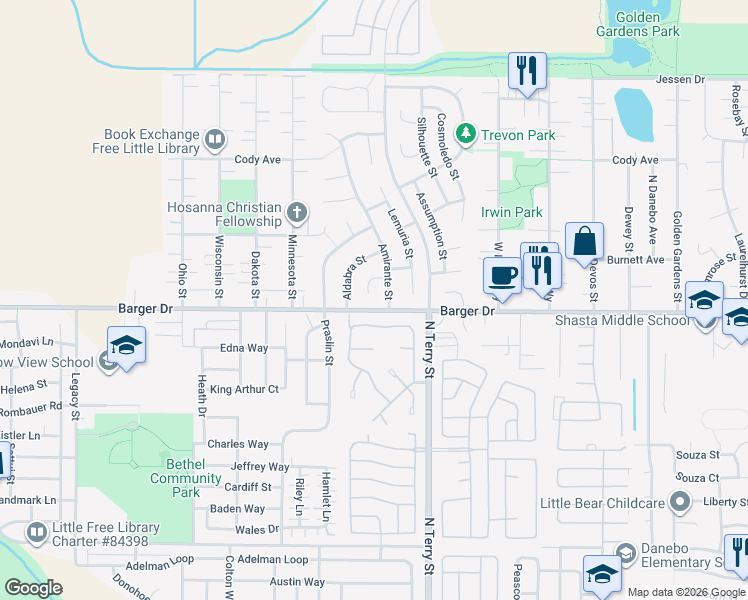 map of restaurants, bars, coffee shops, grocery stores, and more near 2018 Amirante Street in Eugene