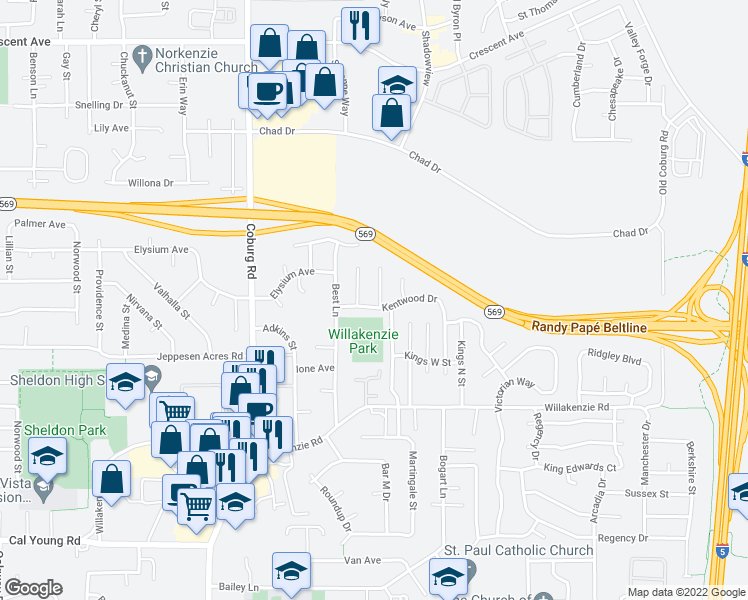 map of restaurants, bars, coffee shops, grocery stores, and more near 3055 Kentwood Drive in Eugene