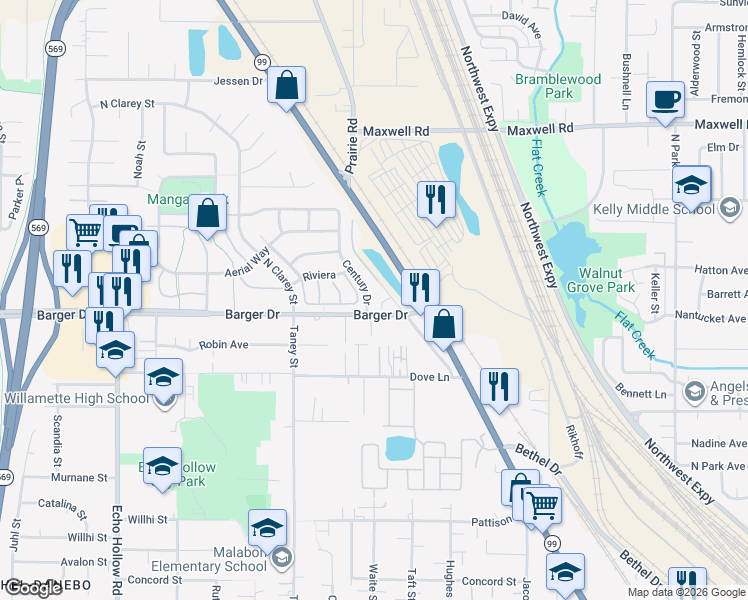 map of restaurants, bars, coffee shops, grocery stores, and more near 3721 Century Drive in Eugene