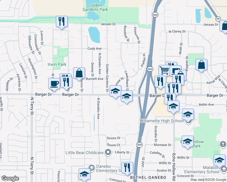 map of restaurants, bars, coffee shops, grocery stores, and more near 2017 Golden Gardens Street in Eugene