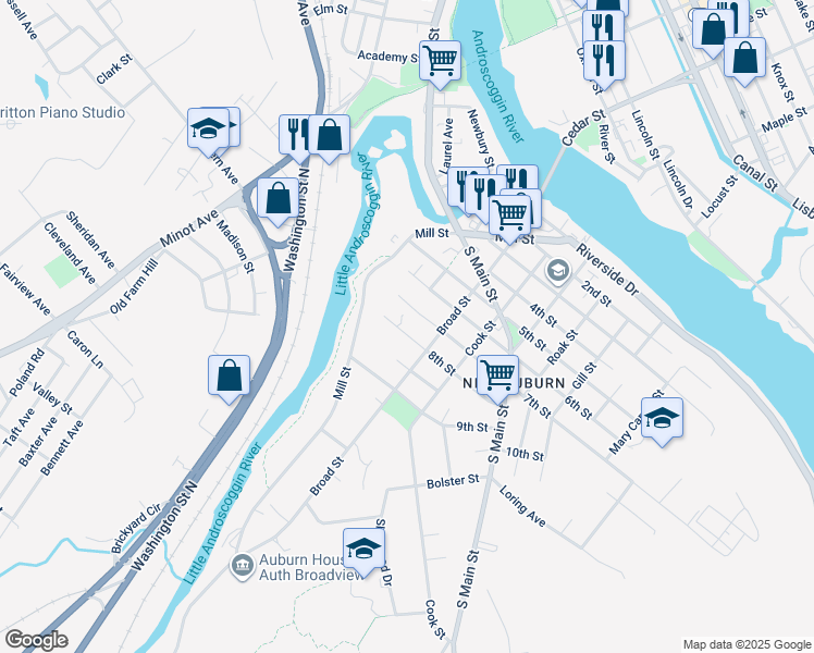 map of restaurants, bars, coffee shops, grocery stores, and more near 26 8th Street in Auburn