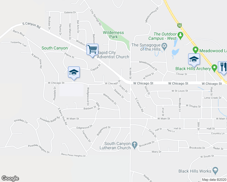 map of restaurants, bars, coffee shops, grocery stores, and more near 4447 Seeaire Street in Rapid City