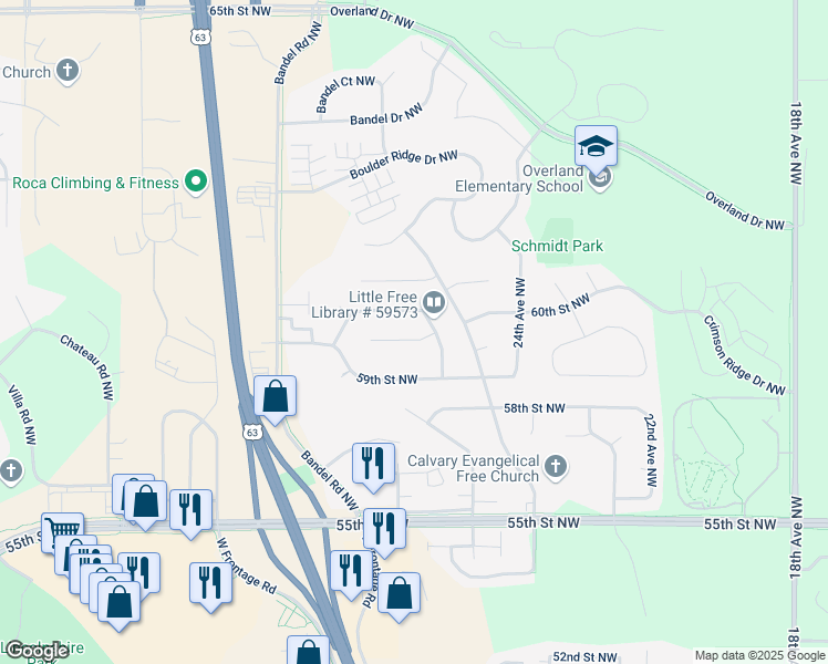 map of restaurants, bars, coffee shops, grocery stores, and more near 2619 60th Street Northwest in Rochester