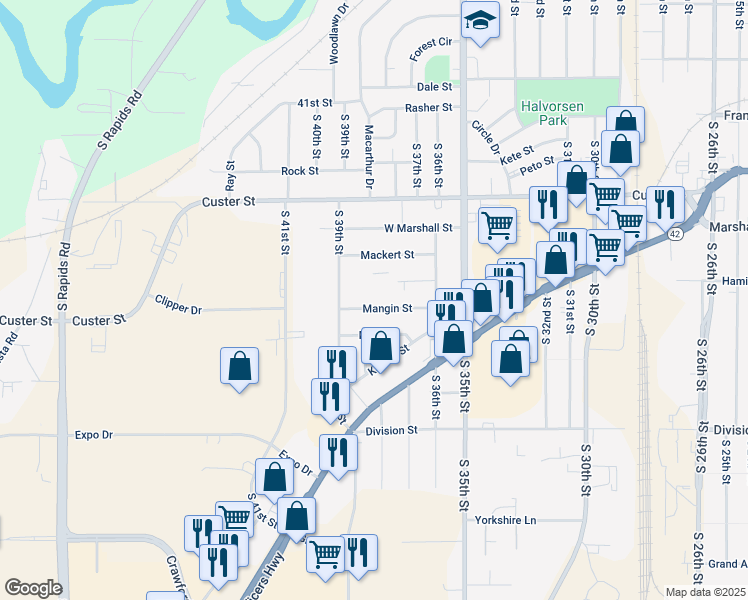 map of restaurants, bars, coffee shops, grocery stores, and more near 3730 Mangin Street in Manitowoc