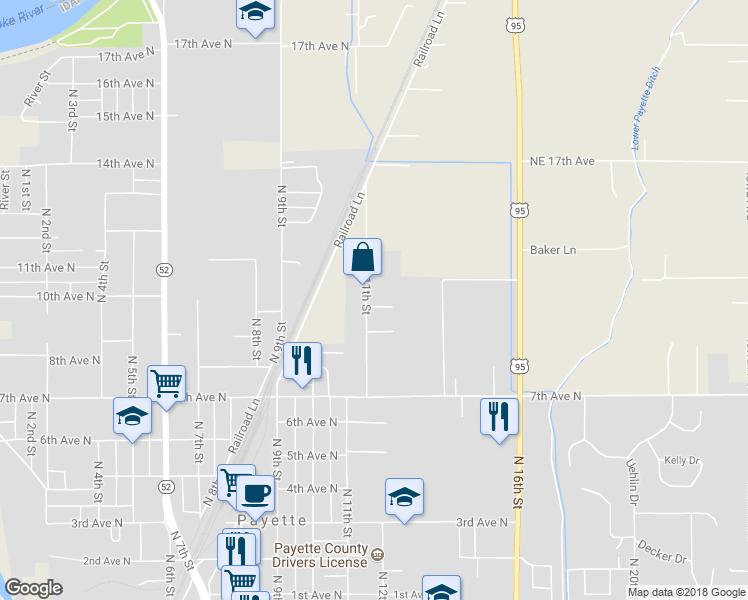 map of restaurants, bars, coffee shops, grocery stores, and more near 930 North 11th Street in Payette