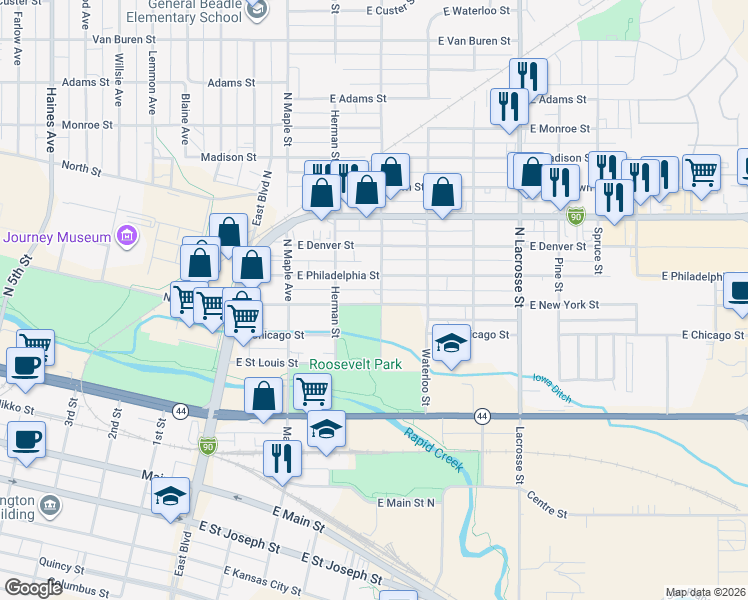 map of restaurants, bars, coffee shops, grocery stores, and more near 304 East New York Street in Rapid City