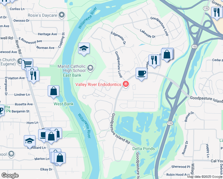 map of restaurants, bars, coffee shops, grocery stores, and more near 1861 Kingsley Road in Eugene
