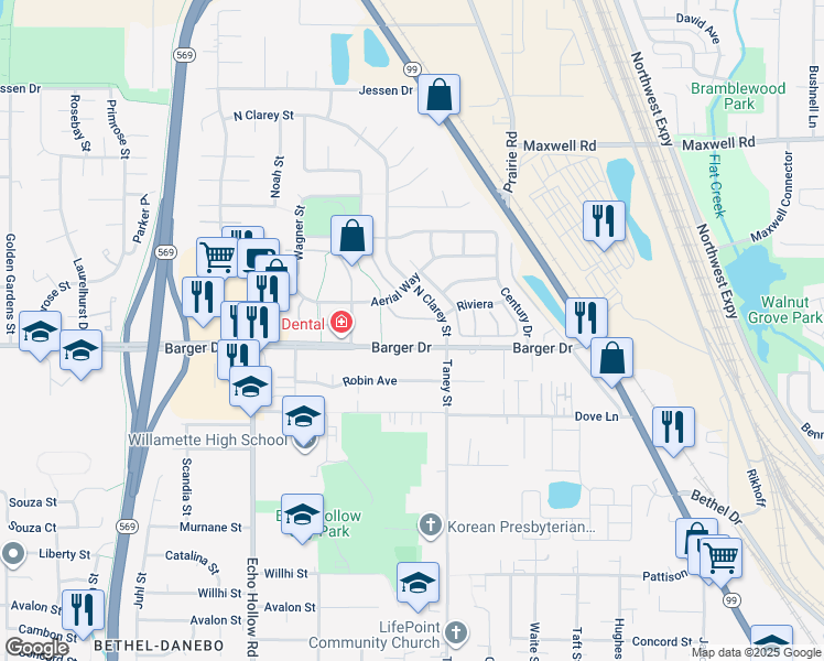 map of restaurants, bars, coffee shops, grocery stores, and more near 3726 North Clarey Street in Eugene