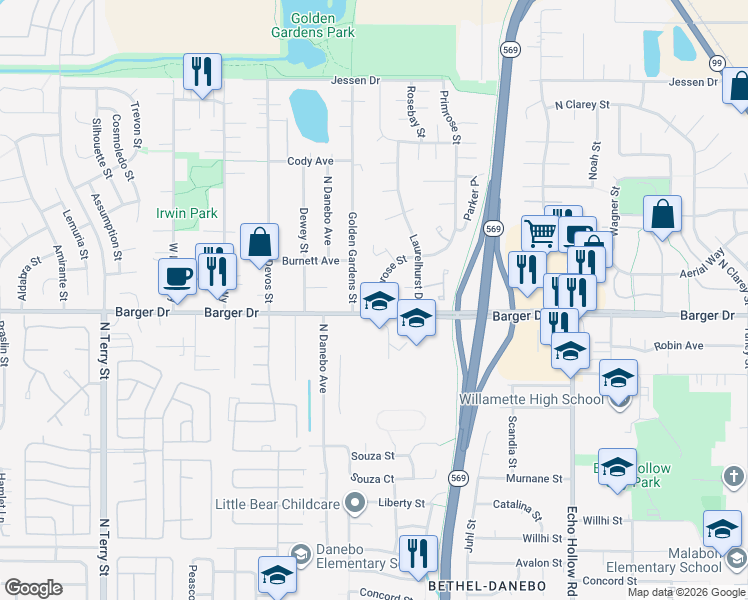 map of restaurants, bars, coffee shops, grocery stores, and more near 2017 Golden Gardens Street in Eugene
