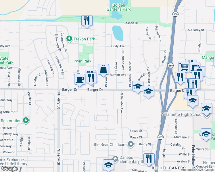 map of restaurants, bars, coffee shops, grocery stores, and more near 2020 Devos Street in Eugene