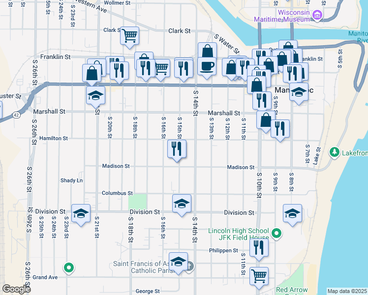 map of restaurants, bars, coffee shops, grocery stores, and more near 1207 South 15th Street in Manitowoc
