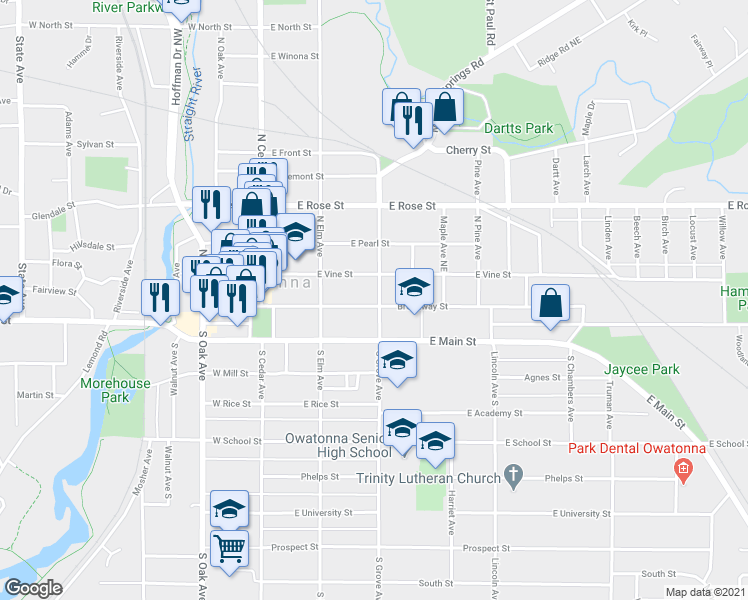 map of restaurants, bars, coffee shops, grocery stores, and more near 315 East Vine Street in Owatonna