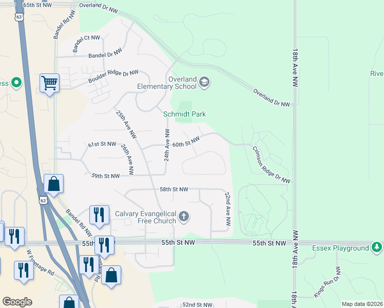 map of restaurants, bars, coffee shops, grocery stores, and more near 2481 Crimson Ridge Cir NW in Rochester