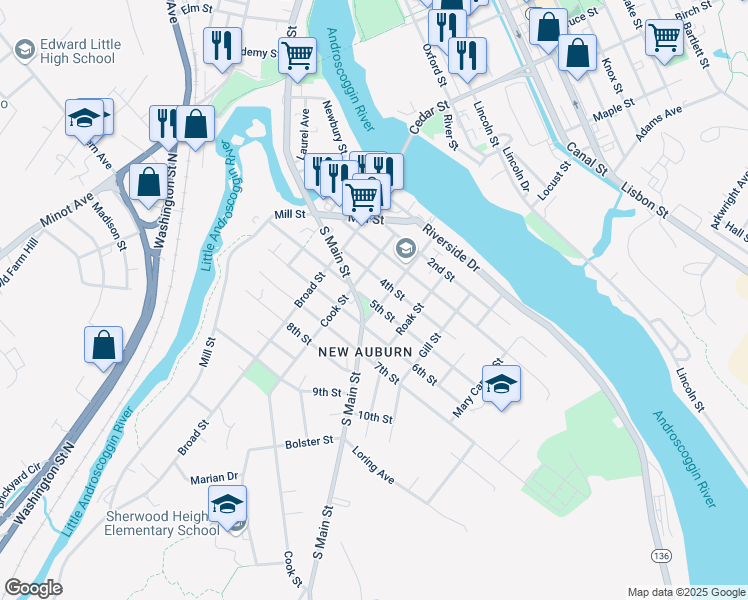 map of restaurants, bars, coffee shops, grocery stores, and more near 92 5th Street in Auburn