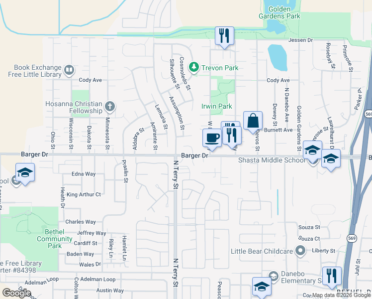 map of restaurants, bars, coffee shops, grocery stores, and more near 5169 Barger Dr in Eugene