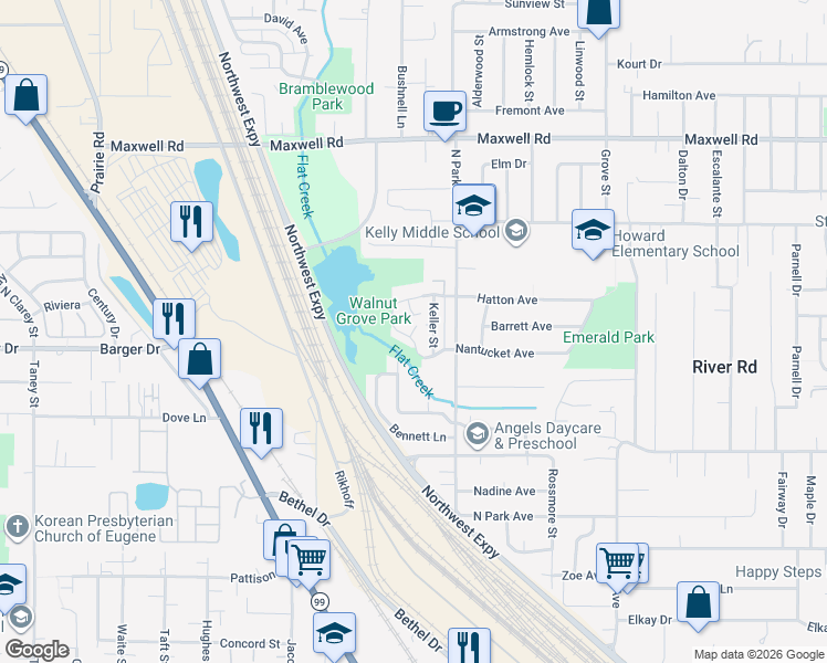 map of restaurants, bars, coffee shops, grocery stores, and more near Turtle Lane in Eugene