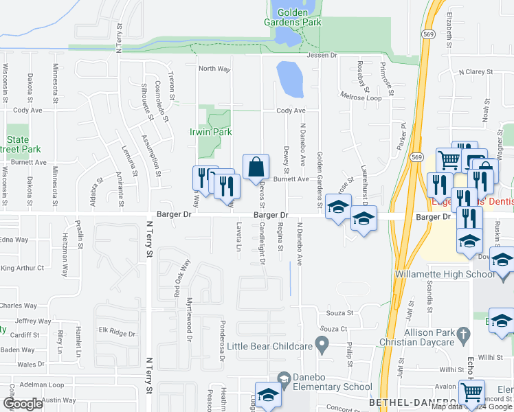 map of restaurants, bars, coffee shops, grocery stores, and more near 2020 Devos Street in Eugene