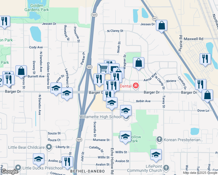 map of restaurants, bars, coffee shops, grocery stores, and more near 4235 Barger Drive in Eugene