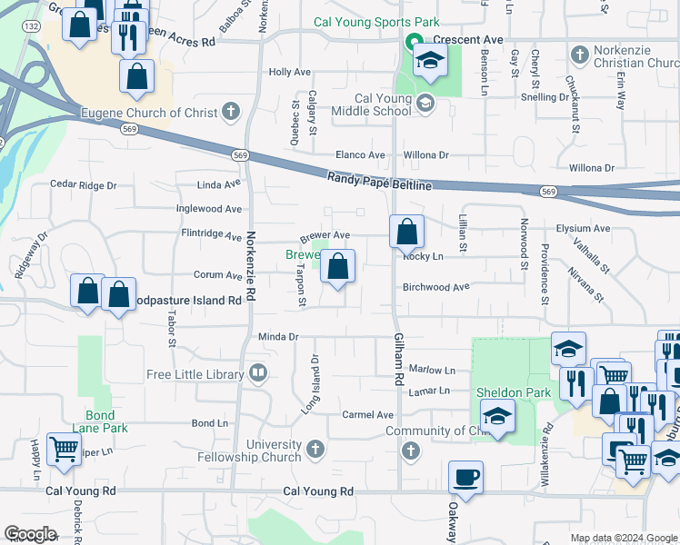 map of restaurants, bars, coffee shops, grocery stores, and more near 1998 Shiloh Street in Eugene