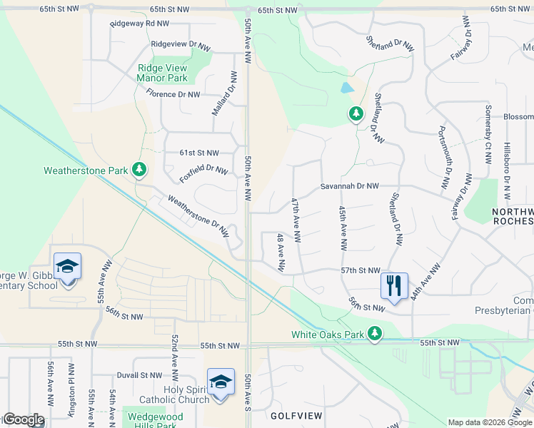 map of restaurants, bars, coffee shops, grocery stores, and more near 4900 Savannah Drive Northwest in Rochester