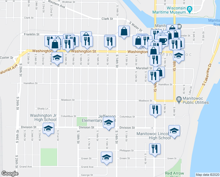 map of restaurants, bars, coffee shops, grocery stores, and more near 1207 South 15th Street in Manitowoc