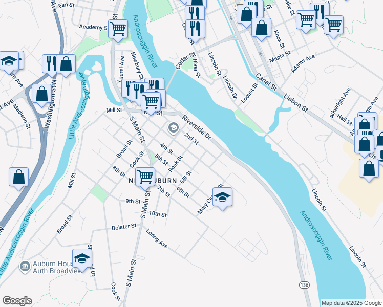 map of restaurants, bars, coffee shops, grocery stores, and more near 116 3rd St in Auburn
