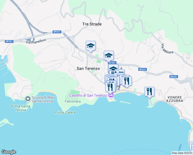 map of restaurants, bars, coffee shops, grocery stores, and more near 56 Via Giuseppe Garibaldi in Lerici