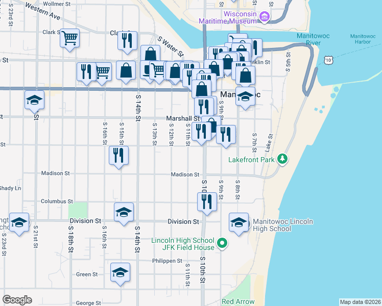 map of restaurants, bars, coffee shops, grocery stores, and more near 1207 South 11th Street in Manitowoc